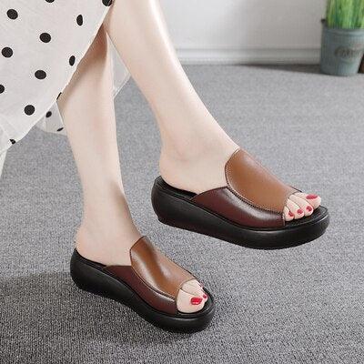 Elegant Woman Platform Slippers brown leather open-toe slipon with black wedge sole Stevvex on Tampa Home & Garden Store