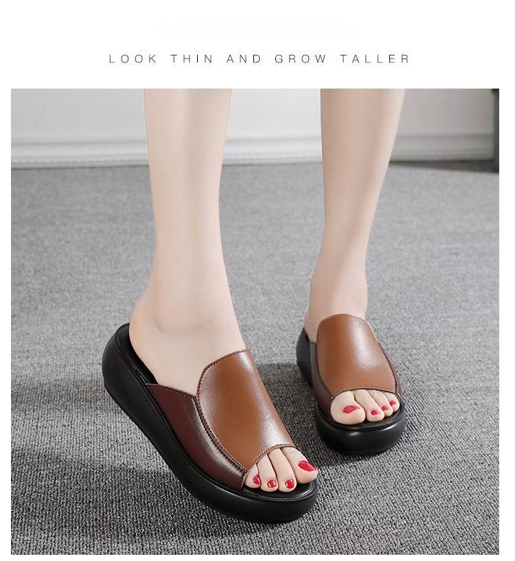 Stevvex platform sandals brown/black genuine leather slip-on wedge with open toe on Tampa Home & Garden Store