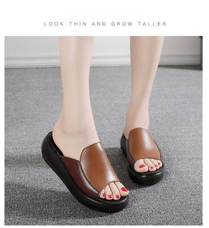 Stevvex platform sandals brown/black genuine leather slip-on wedge with open toe on Tampa Home & Garden Store