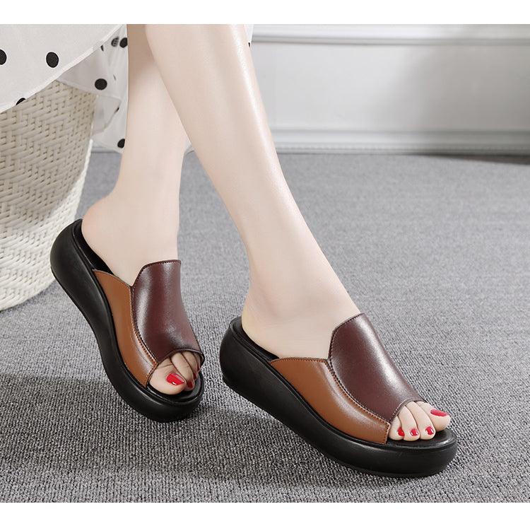Women leather platform sandals by Stevvex, two-tone brown tan wedge, black sole slip-on on Tampa Home & Garden Store