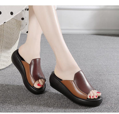 Women leather platform sandals by Stevvex, two-tone brown tan wedge, black sole slip-on on Tampa Home & Garden Store