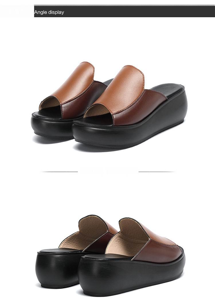 Stevvex Elegant Woman Platform Slippers two-tone brown tan leather upper with black wedge sole on Tampa Home & Garden Store
