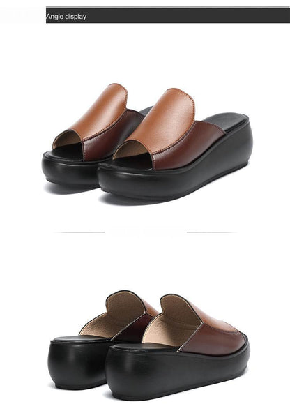 Stevvex Elegant Woman Platform Slippers two-tone brown tan leather upper with black wedge sole on Tampa Home & Garden Store