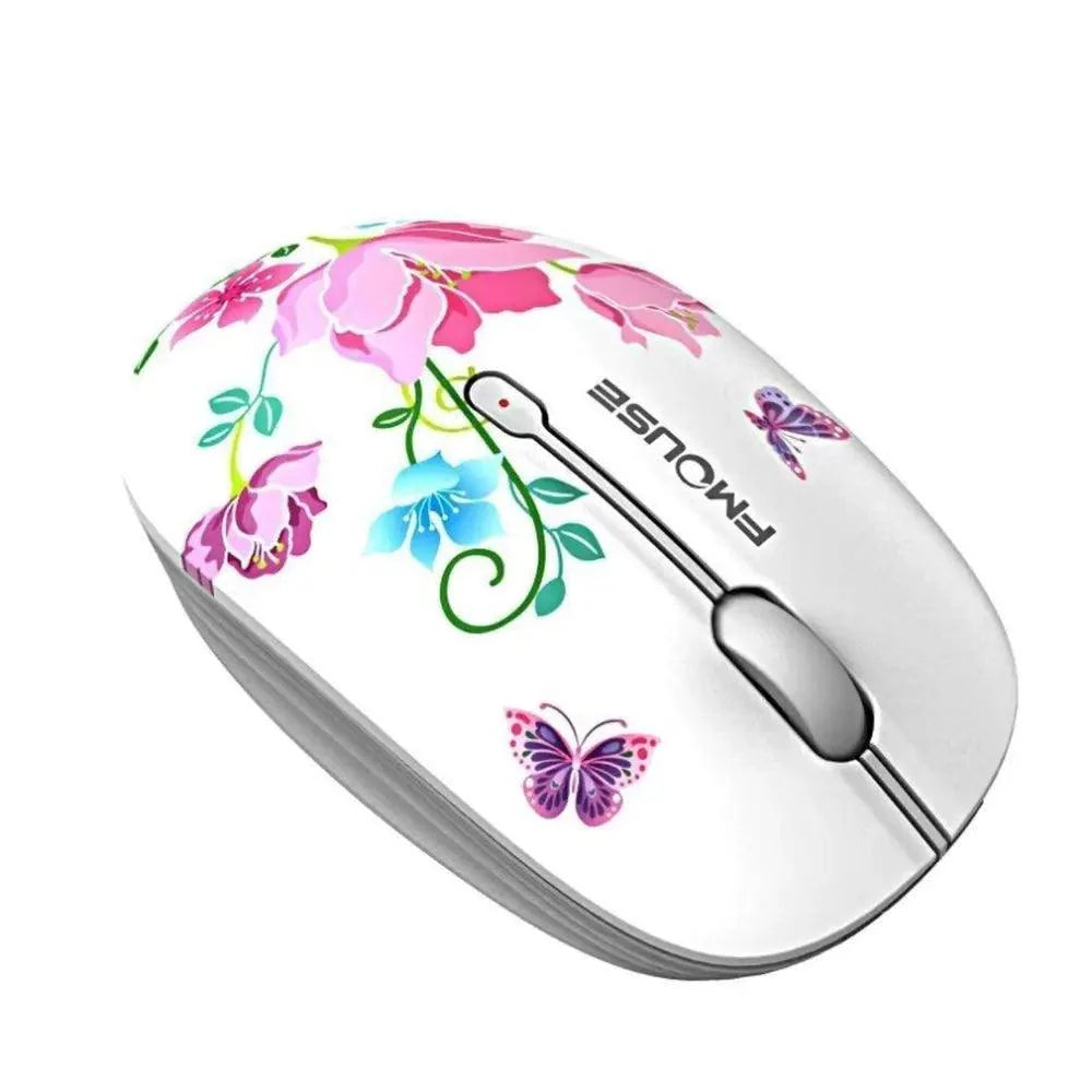 Stevvex floral wireless mouse white body with pink flowers and butterflies, 2.4G, 1600DPI on Tampa Home & Garden Store