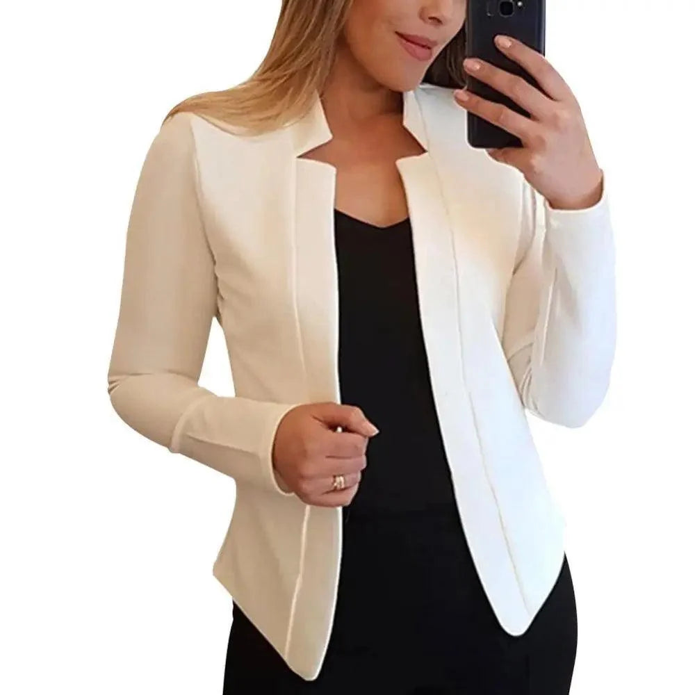 Elegant Women Blazer white solid color long sleeves open-front tailored coat by Stevvex on Tampa Home & Garden Store