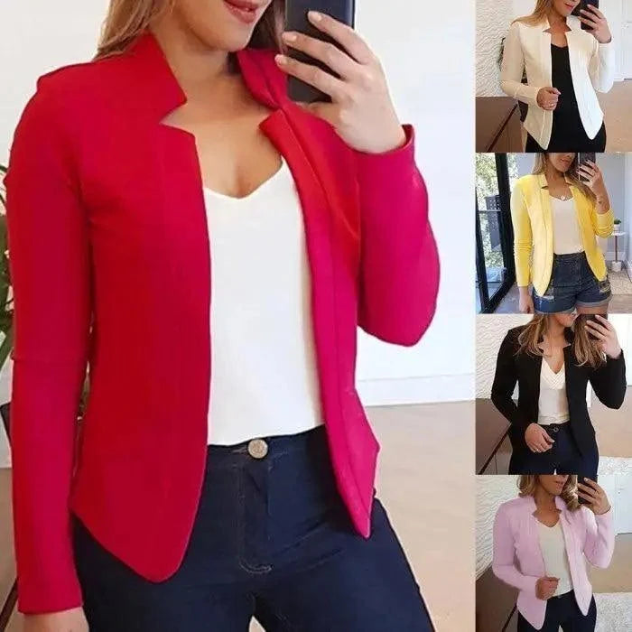 Women blazer Stevvex red thin long sleeves solid color coat with lapels; color options on Tampa Home & Garden Store