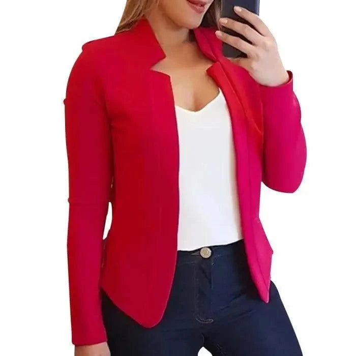 Red women's blazer with long sleeves, solid color office suit coat, notched collar on Tampa Home & Garden Store