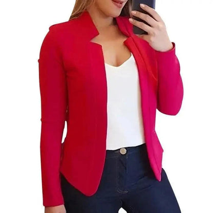 Red women's blazer with long sleeves, solid color office suit coat, notched collar on Tampa Home & Garden Store