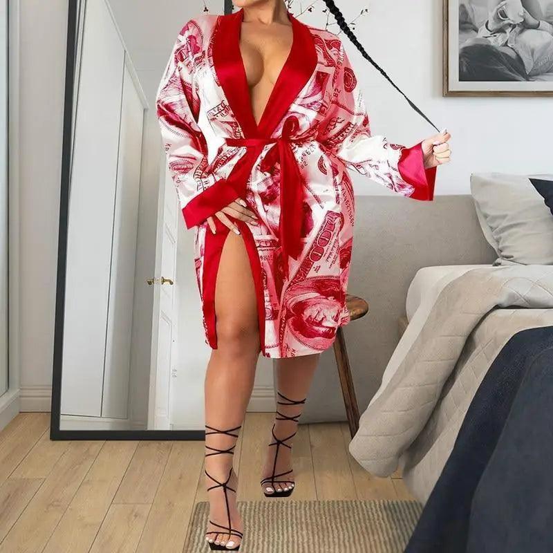 Stevvex women's red and white money-print robe with belt, long indoor bathrobe on Tampa Home & Garden Store