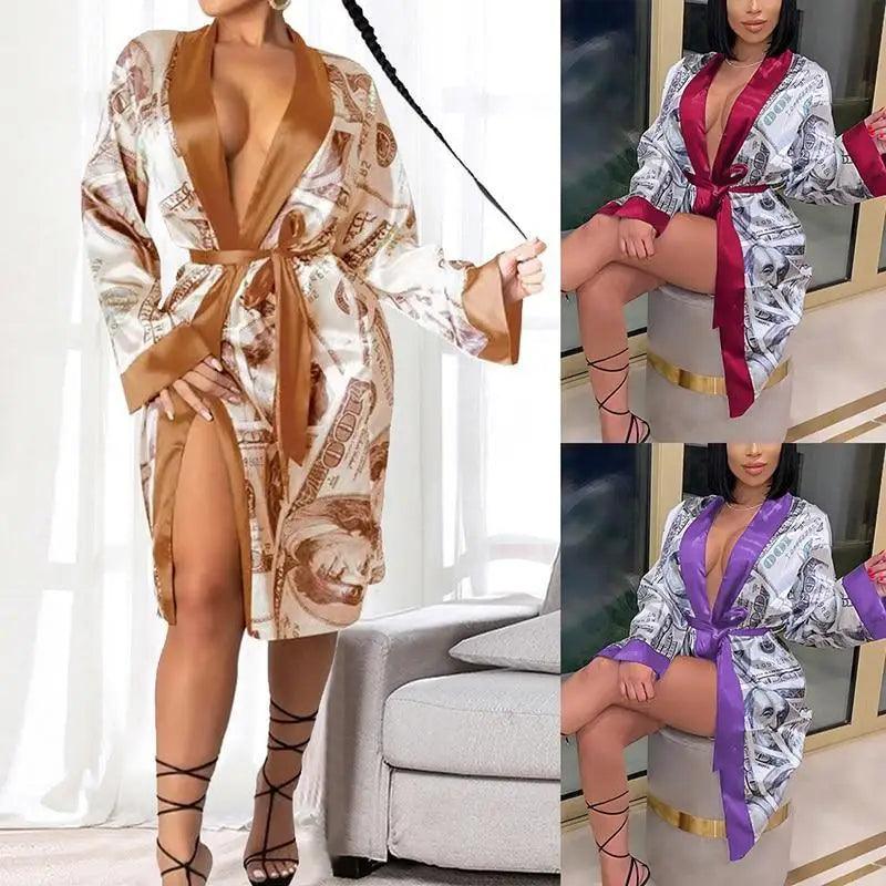 Stevvex Women Indoor Robe money-print satin in brown/gold set of 3 options with belt on Tampa Home & Garden Store