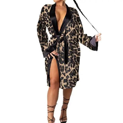Stevvex leopard print women's robe with black satin lapels, belt, and thigh slit on Tampa Home & Garden Store