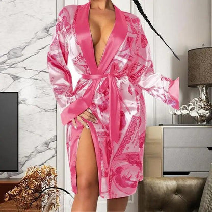 Stevvex pink satin robe with cash-print design, belted long indoor bathrobe with high slit on Tampa Home & Garden Store