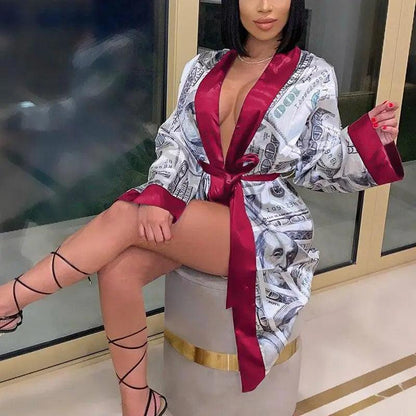 Stevvex money-print robe with burgundy satin trim, long indoor bathrobe on Tampa Home & Garden Store