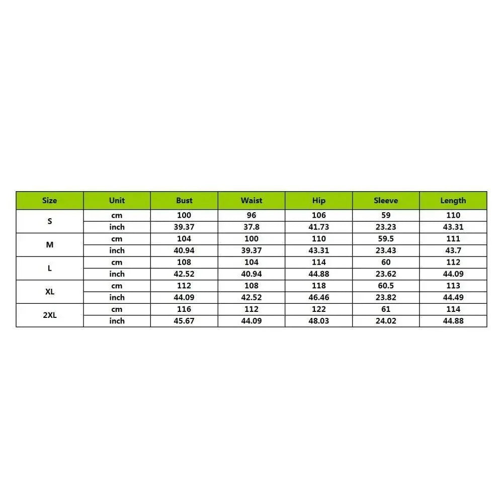 Stevvex Robe STIL8746UYERU size chart with bust waist hip sleeve and length for S-2XL on Tampa Home & Garden Store