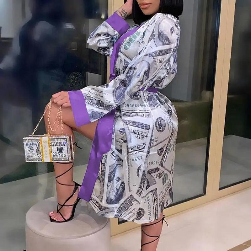 Stevvex women's indoor robe with dollar-print design, purple trim, knee-length bathrobe on Tampa Home & Garden Store