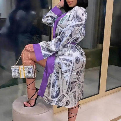 Stevvex women's indoor robe with dollar-print design, purple trim, knee-length bathrobe on Tampa Home & Garden Store
