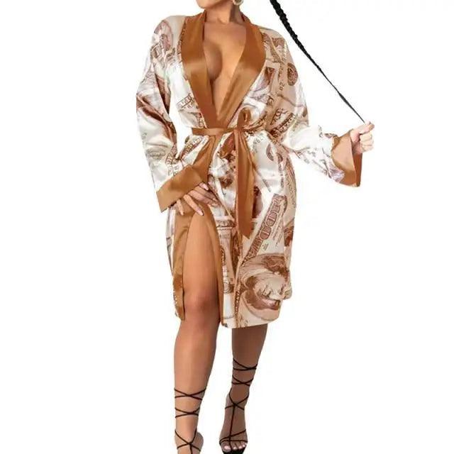 Stevvex women's satin robe with money-print pattern, long bathrobe with brown satin trim belt on Tampa Home & Garden Store