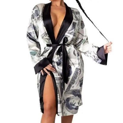Stevvex women's money-print robe with black satin trim, belt, thigh-high slit on Tampa Home & Garden Store