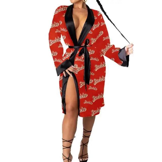 Stevvex red robe with black satin trim, belt, long robe with side slit on Tampa Home & Garden Store