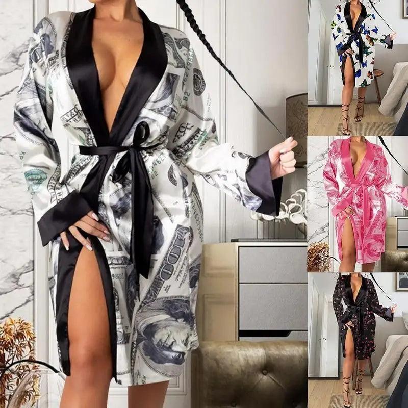 Stevvex women's currency-print robe with satin black trim, belt, thigh-high slit on Tampa Home & Garden Store