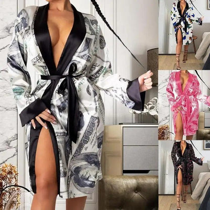 Stevvex women's currency-print robe with satin black trim, belt, thigh-high slit on Tampa Home & Garden Store