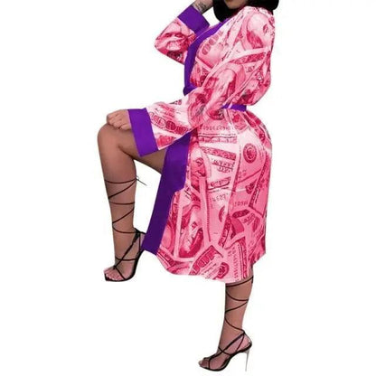 Robe Stevvex pink money-print indoor robe with purple trim and belt worn by model on Tampa Home & Garden Store