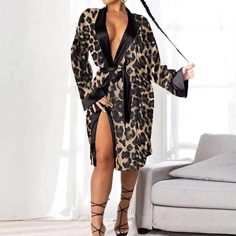 Stevvex leopard print satin-trimmed indoor robe, long belted bathrobe with slit on Tampa Home & Garden Store