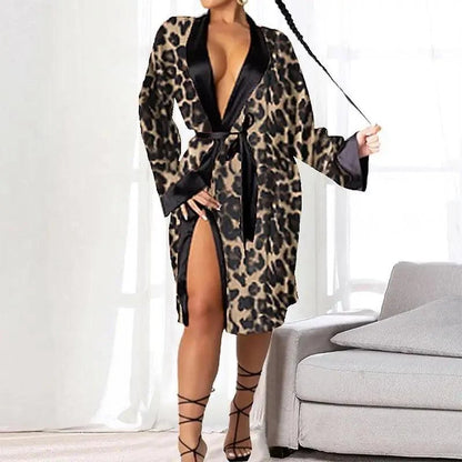 Stevvex leopard print satin-trimmed indoor robe, long belted bathrobe with slit on Tampa Home & Garden Store