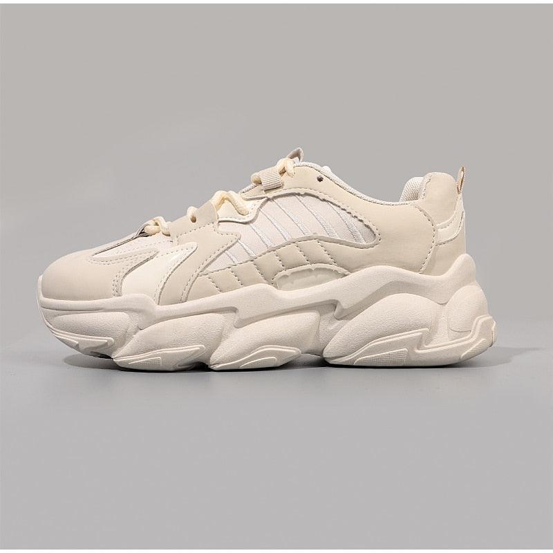 Elegant women's beige lace-up platform sneakers by Stevvex with leather panels and chunky sole on Tampa Home & Garden Store