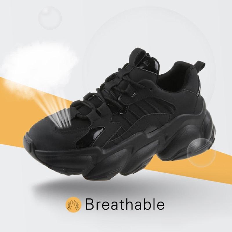 Women's Stevvex black platform lace-up leather sneakers breathable casual walking shoes on Tampa Home & Garden Store