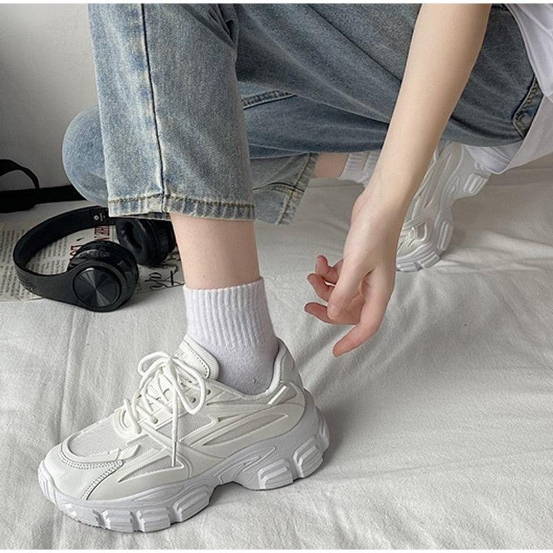 Women's white leather lace-up chunky platform sneakers by Stevvex, casual walking footwear on Tampa Home & Garden Store