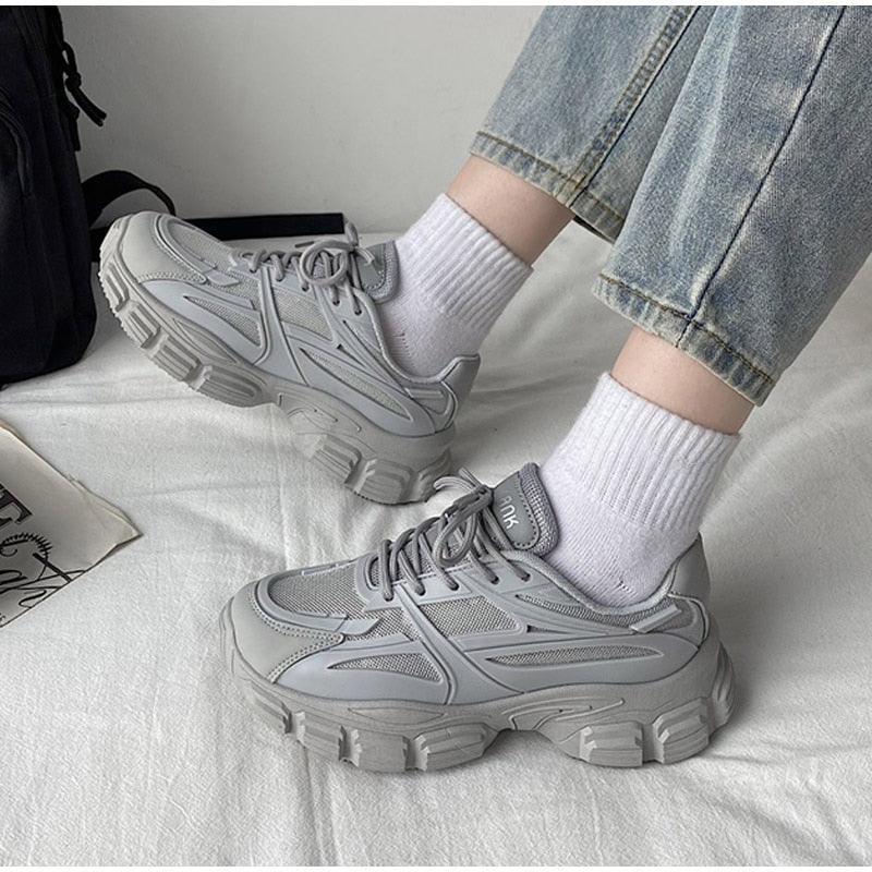 Elegant Stevvex sneakers gray leather and mesh platform lace-up casual walking shoes on Tampa Home & Garden Store