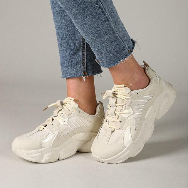 Cream leather women's sneakers with lace-up, chunky platform sole for casual walking on Tampa Home & Garden Store