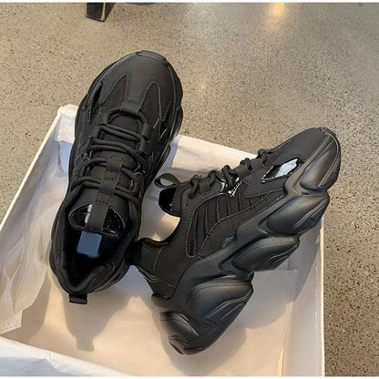 Women's lace-up sneakers with thick platform and black leather upper for walking on Tampa Home & Garden Store