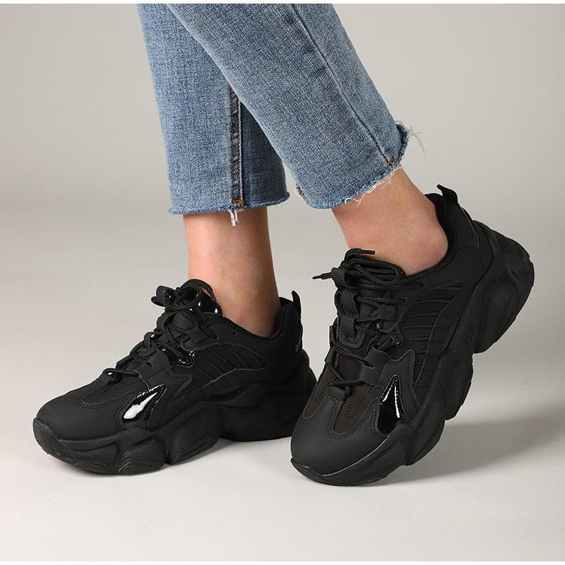 Stevvex black leather lace-up chunky platform sneakers for women walking shoes pair on Tampa Home & Garden Store