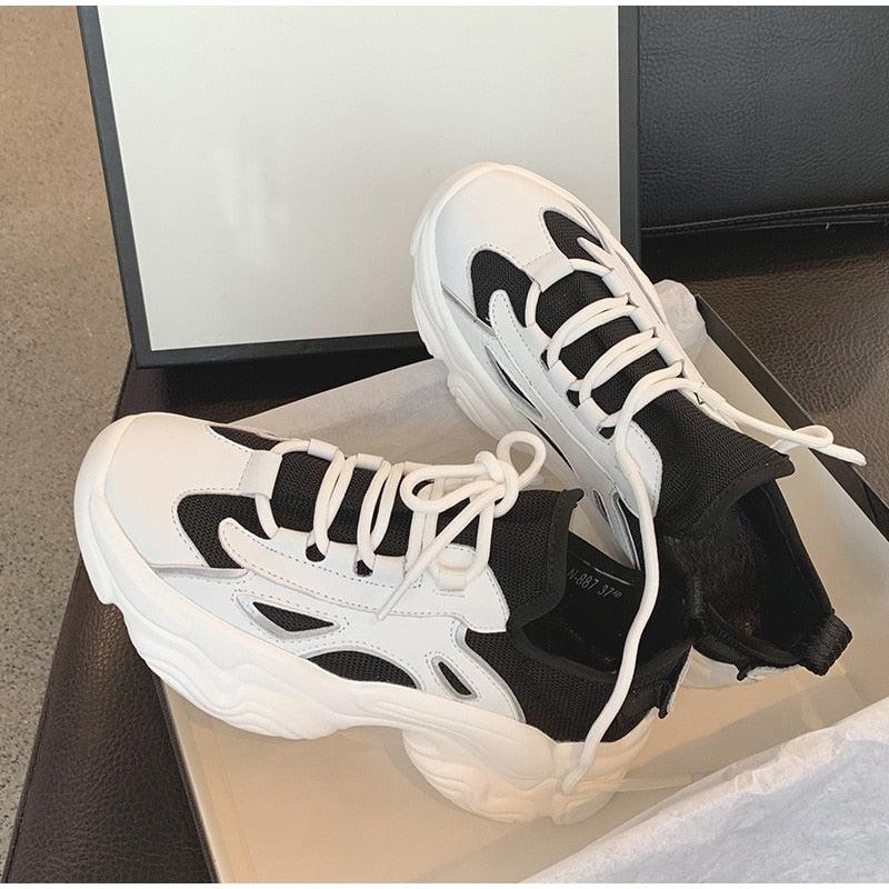 Elegant Women's Sneakers Stevvex Lace Up Platform Leather, white with black accents on Tampa Home & Garden Store