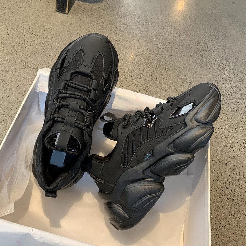Elegant Women's Sneakers Stevvex black leather upper, lace-up, chunky platform sole, pair on Tampa Home & Garden Store