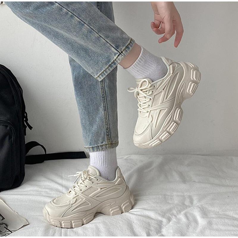 Stevvex women's cream leather sneakers with lace-up platform, casual walking footwear on Tampa Home & Garden Store
