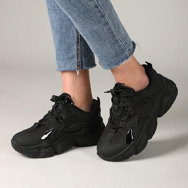 Stevvex women's lace-up platform sneakers with chunky sole, black leather upper on Tampa Home & Garden Store