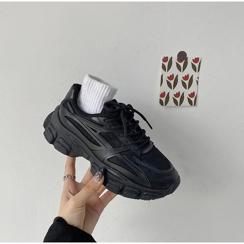 Stevvex black platform sneakers lace-up leather upper, chunky sole for casual walking on Tampa Home & Garden Store