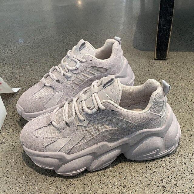 Pair of Stevvex Elegant Women's Sneakers lace-up thick platform casual shoes in light gray on Tampa Home & Garden Store