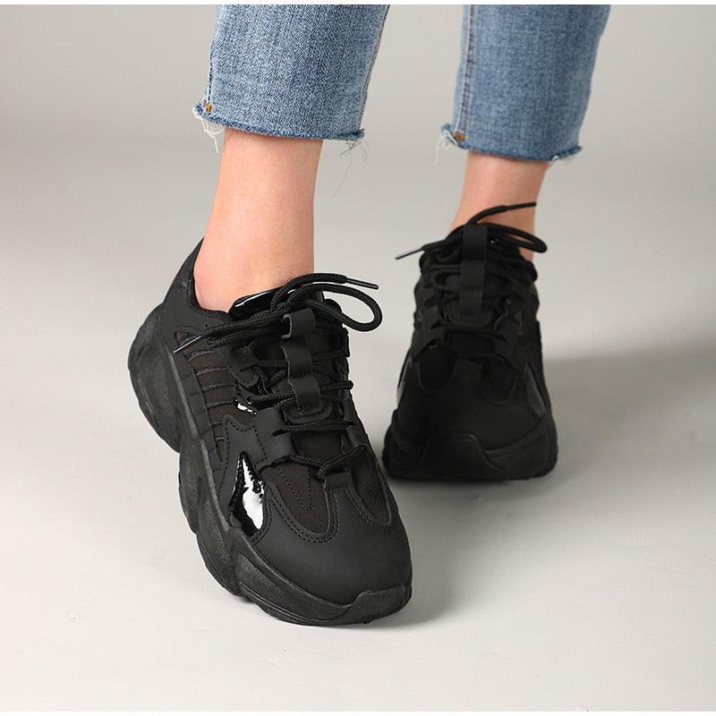Stevvex women's black lace-up platform sneakers with chunky sole leather casual walking footwear on Tampa Home & Garden Store