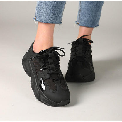Stevvex women's black lace-up platform sneakers with chunky sole leather casual walking footwear on Tampa Home & Garden Store