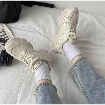 Cream leather lace-up platform sneakers by Stevvex, chunky sole casual walking pair on Tampa Home & Garden Store