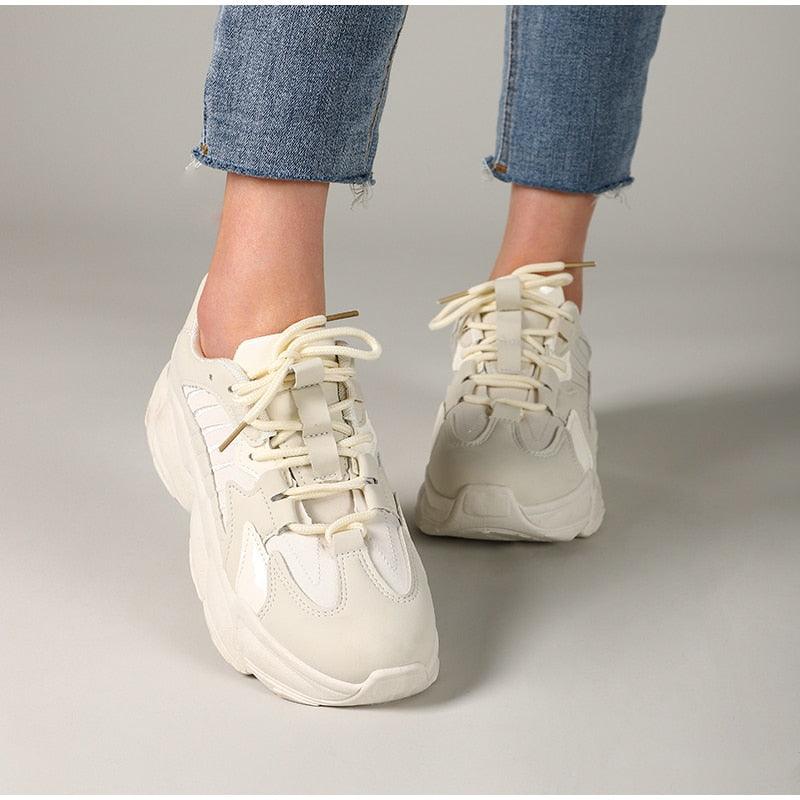 Elegant women's sneakers Stevvex cream platform lace-up leather casual walking shoes on Tampa Home & Garden Store