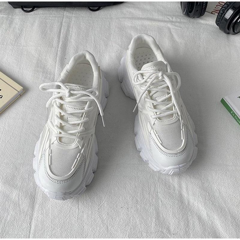 White Stevvex platform sneakers with lace-up closure, chunky sole, mesh and leather upper on Tampa Home & Garden Store