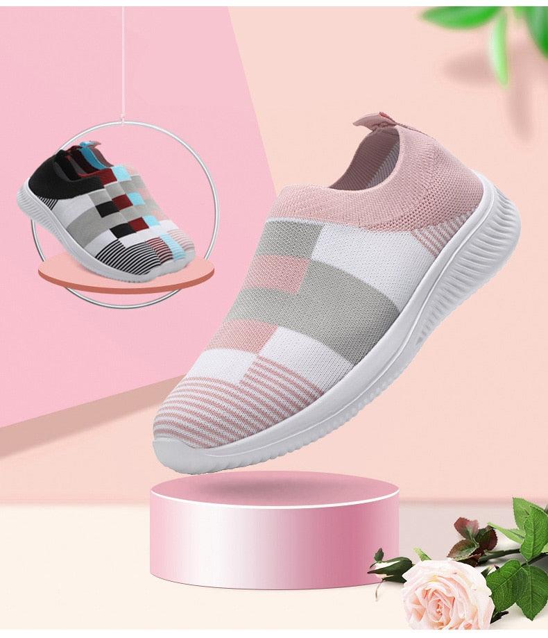 Knitted slip-on women’s sneakers in pink gray white with white sole two colorways on Tampa Home & Garden Store
