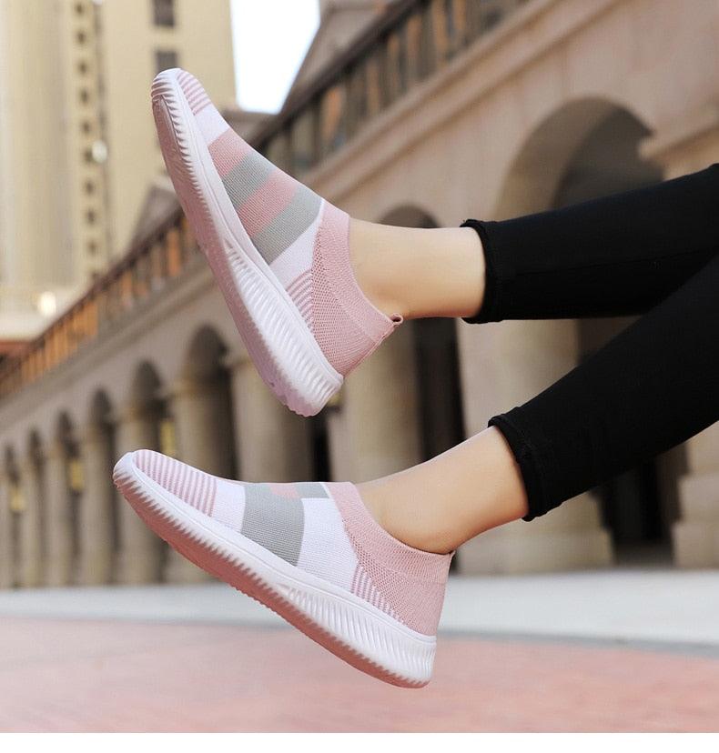 Stevvex women's knit mesh espadrille sneakers pair pink striped slip-on sock shoes on Tampa Home & Garden Store