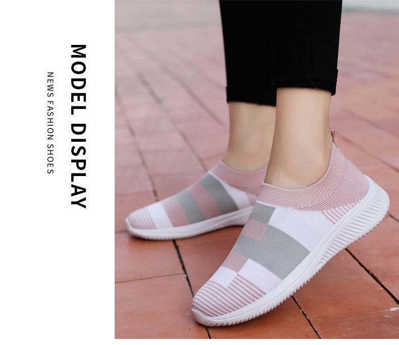 Women's knitted slip-on sneakers pastel pink gray flat walking shoes on Tampa Home & Garden Store