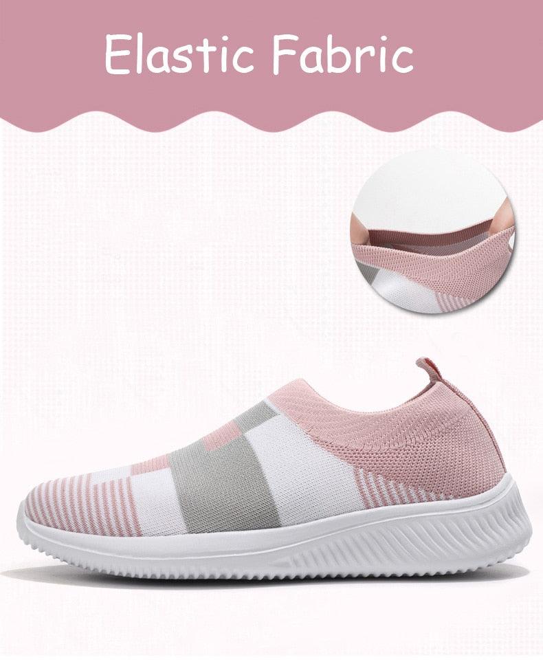 Stevvex women's knitted slip-on sneakers in pink/gray mesh with white sole on Tampa Home & Garden Store